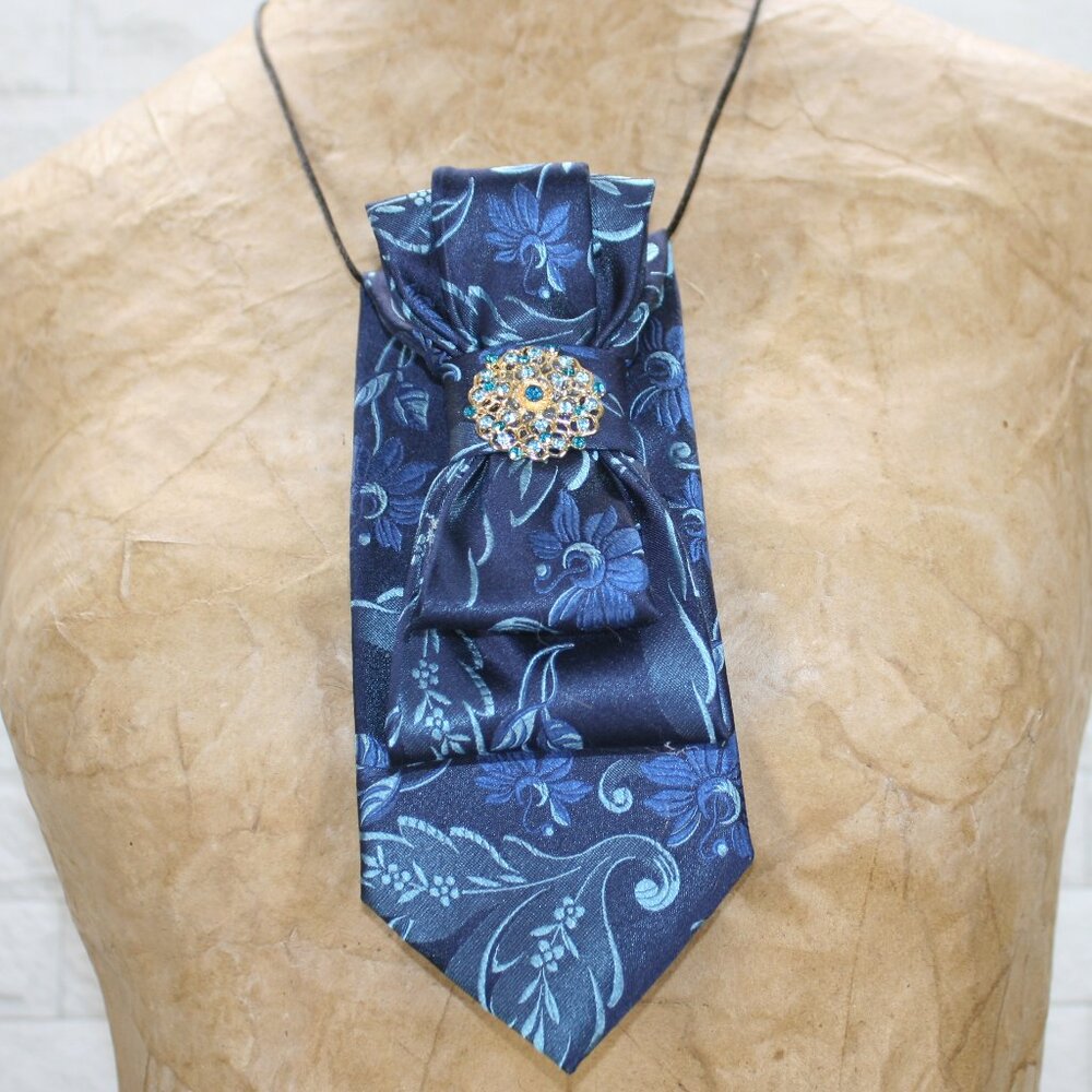 UPCYCLED Neck Tie Necklace Brooch Necktie Holiday Gift Accessory Floral Blue